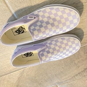 Vans slip-on shoes. Women’s size 9. Never worn. Lavender checkerboard pattern